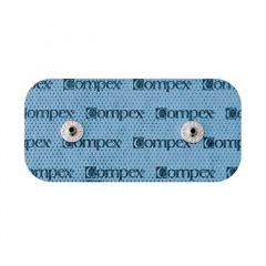 Compex Performance elektrodi (5x10 cm) tuvplāns uz balta fona, paredzēti TENS, NMES un FES elektrostimulācijas terapijai ar Easy Snap savienojumu.