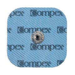 Compex Performance elektrodi (5x5 cm) tuvplāns uz balta fona, paredzēti TENS, NMES un FES elektrostimulācijas terapijai ar Easy Snap savienojumu.