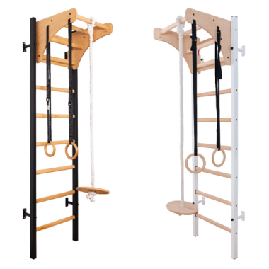 Gymnastics Wall BenchK wall bars with a steel frame and adjustable wooden pull-up bar and gymnastic accessories Black/White