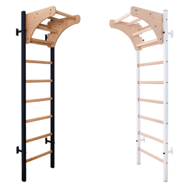 Gymnastics Wall BenchK wall bars with a steel frame and adjustable wooden pull-up bar Black/White