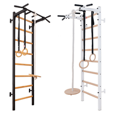 Gymnastics Wall BenchK wall bars with a steel frame and fixed steel 6-grip pull-up bar and gymnastic accessories Black/White