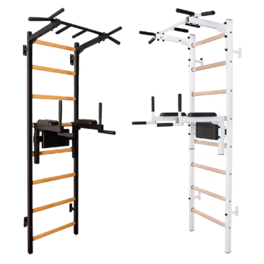 Gymnastics Wall BenchK with a steel frame and fixed steel 6-grip pull-up bar, and a dip bar with back support