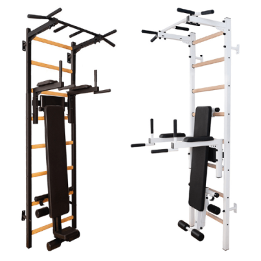 Gymnastics Wall BenchK with a steel frame and fixed steel 6-grip pull-up bar, a dip bar with back support, and an advanced workout bench