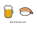 Tuva GAMMA STRING THINGS BEER/SHRIMP SUSHI vibrāciju slāpētāji uz balta fona — divi jautri tenisa raketes stīgu vibrāciju samazinātāji