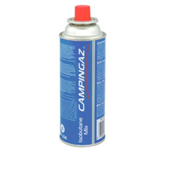 Tuva Campingaz CP 250 gāzes baloniņa fotogrāfija uz balta fona, kompakts 220 g izobutāna gāzes baloniņš, paredzēts Bistro® tipa plītīm, ideāli piemērots kempingam, āra gatavošanai un ceļošanai.