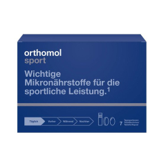 Orthomol® Sport uztura bagātinātāja tuvplāns uz balta fona, paredzēts sportistiem enerģijas vielmaiņas, muskuļu funkcijas un imunitātes atbalstam.