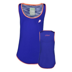 Prince Racerback Vest meiteņu krekls (koraļļu) ir elpojošs un ērts krekls tenisa treniņiem vai sacensībām. Elastīgais, mitrumu atgrūdošais audums nodrošina kustību brīvību un sausuma sajūtu. Tuvplāna attēls ar krekla detaļām uz balta fona.