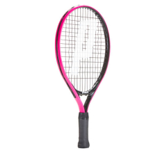 Tuvplāna fotoattēls ar Prince Tour Pink 17 junioru tenisa raketi uz balta fona – viegla un izturīga alumīnija rakete ar melni rozā dizainu, 160 g svaru un palielinātu galvu. Ideāli piemērota iesācējiem bērniem 80–90 cm augstumā – nodrošina ērtu lietošanu 